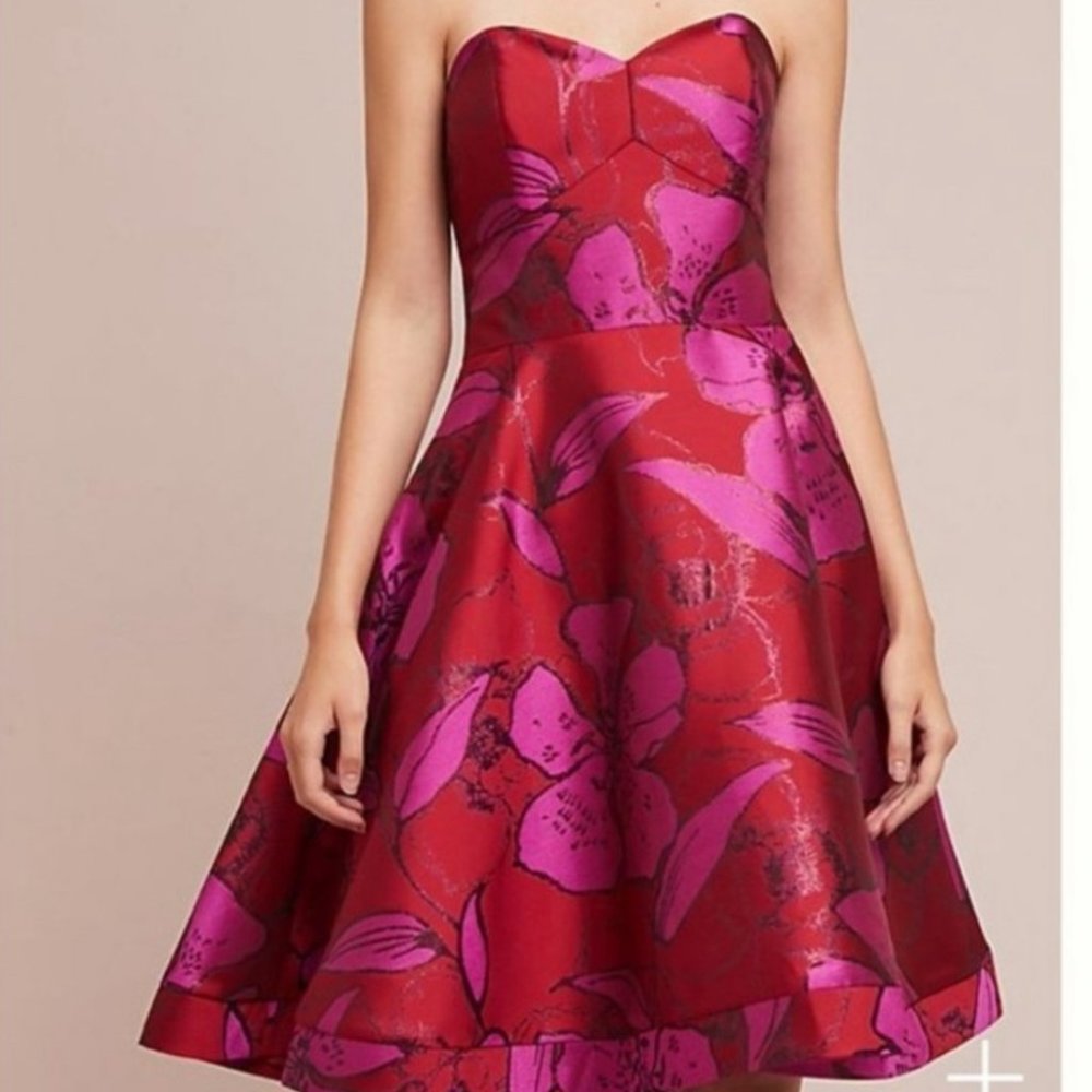NWT Shoshanna Midnight BHLDN Strapless Fit and Flare Red Floral Dress Size 0